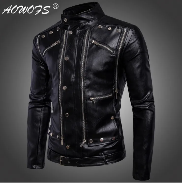 

Vogue Tide Men Leather Jackets Coats Jaqueta De Couro Fashion Motorcycle Biker Leather Jackets Multi-zipper Black Masculina 4XL