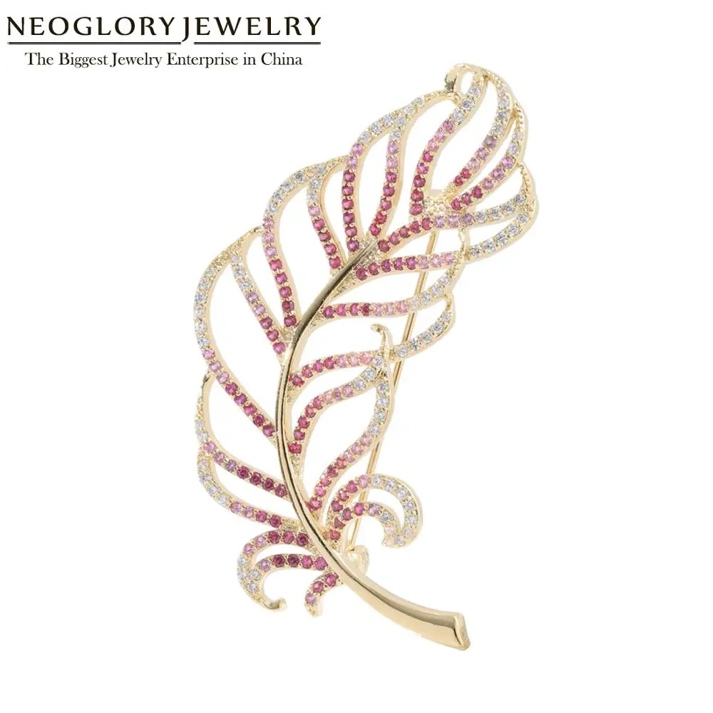 Neoglory AAA кубический циркон розовый лист Броши для женщин корейский дизайн Элегантные зимние пальто булавки высокое качество подарок на день матери