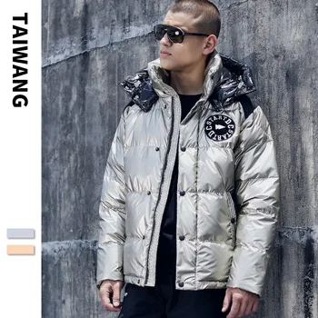 

Hip Hop Printed Coat Outwear Men Winter Bright Silver Thick Warm Padded Hooded Parka Jacket Fashion Streetwear Oversized