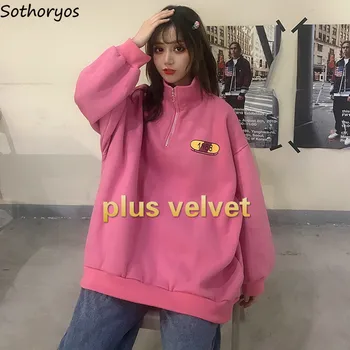 

Hoodies Women Velvet Thicker Turtleneck Zipper Pullover Womens Clothing Pink Sweet All-match Harajuku Chic Fashion Korean Style