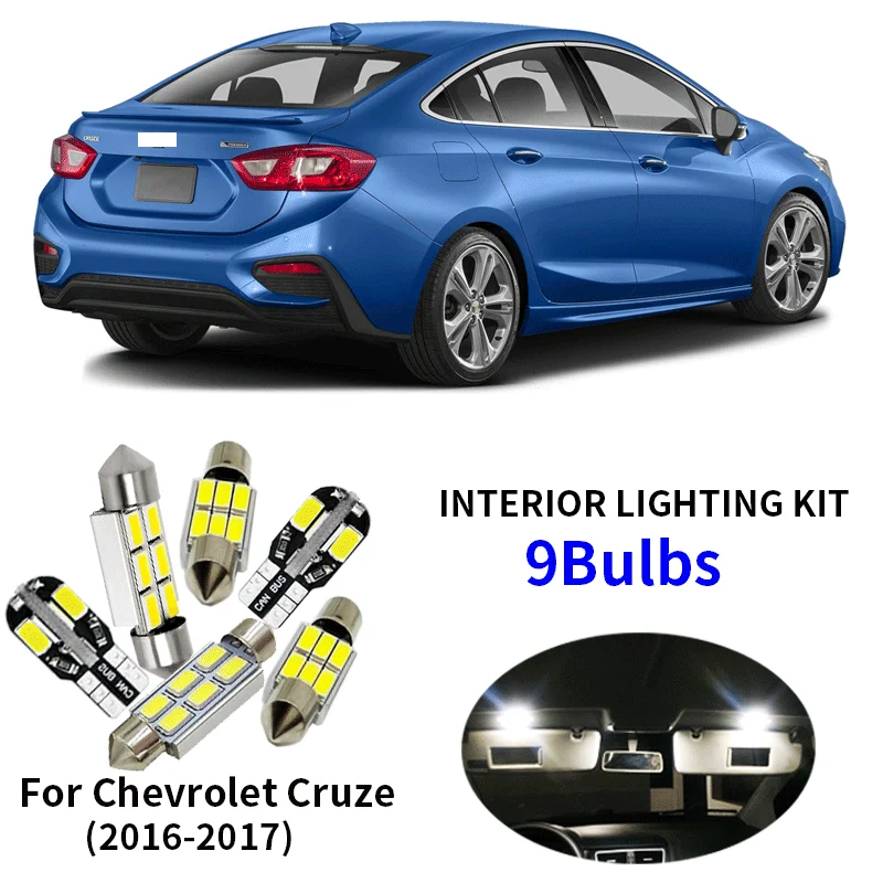 9x Canbus безошибочный светодиодный светильник, комплект, посылка для- Chevrolet Cruze, автомобильные аксессуары, карта, купол, багажник, лицензионный светильник