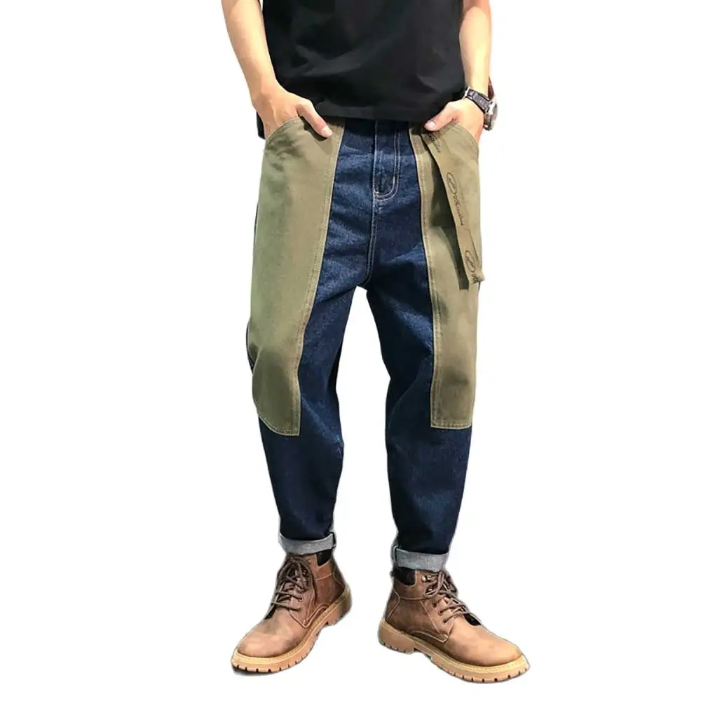 Retro Patchwork Baggy Jeans Men Casual Harem Trousers Streetwear Denim Overalls Japanese Style Pants