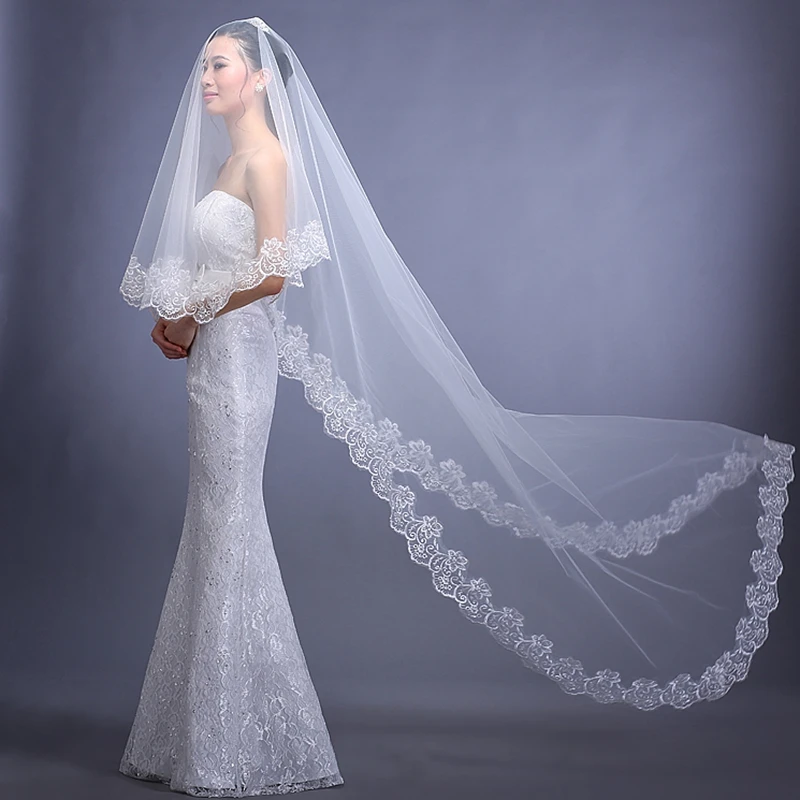 1.5/2/3M White Cathedral Length Lace Edge Bride Wedding Bridal Long/Short Veil 