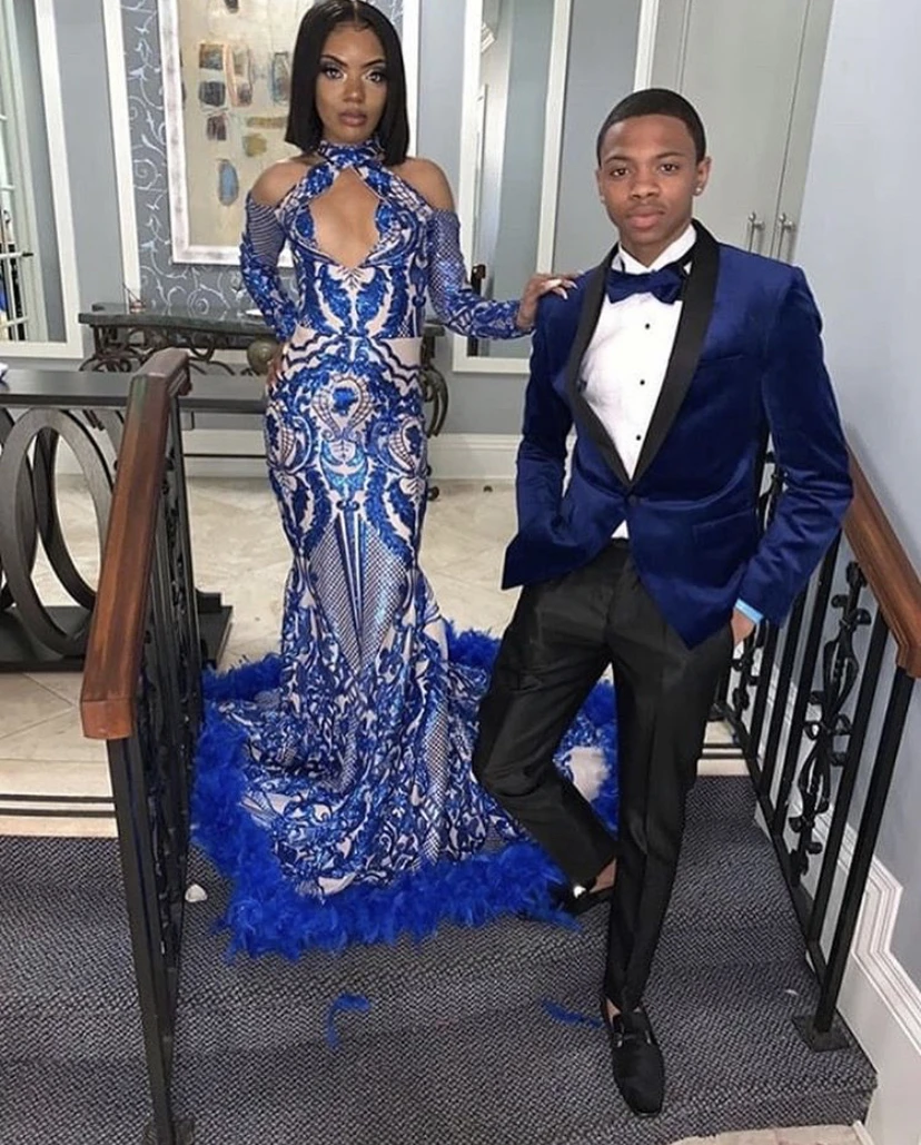 Королевское синее длинное платье русалки для выпускного вечера, новое вечернее платье с длинным рукавом и высокой горловиной, блестящие вечерние платья