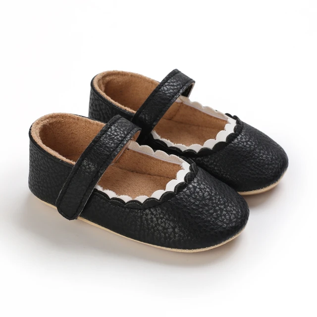 Infant Newborn Baby Girls Princess Non-Slip Floral Border Shoes Toddler Baby Soft PU Leather Prewalker Shoes Solid First Walkers B295 Black