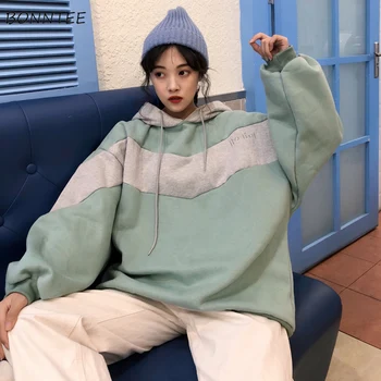 

Hoodies Women Spring Korean Hooded Fashion Patchwork Lovely Simple Womens Hoodie Clothes Oversized Casual Lady Tops Plus Velvet