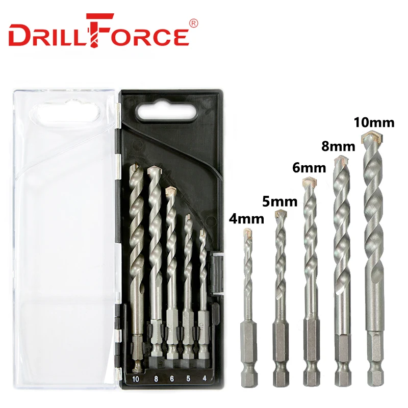 

Drillforce Masonry Drill Bits Tungsten Carbide Tipped Concrete Brick Stone Drilling Set Size 4/5/6/8/10mm Quick Change Hex Shank