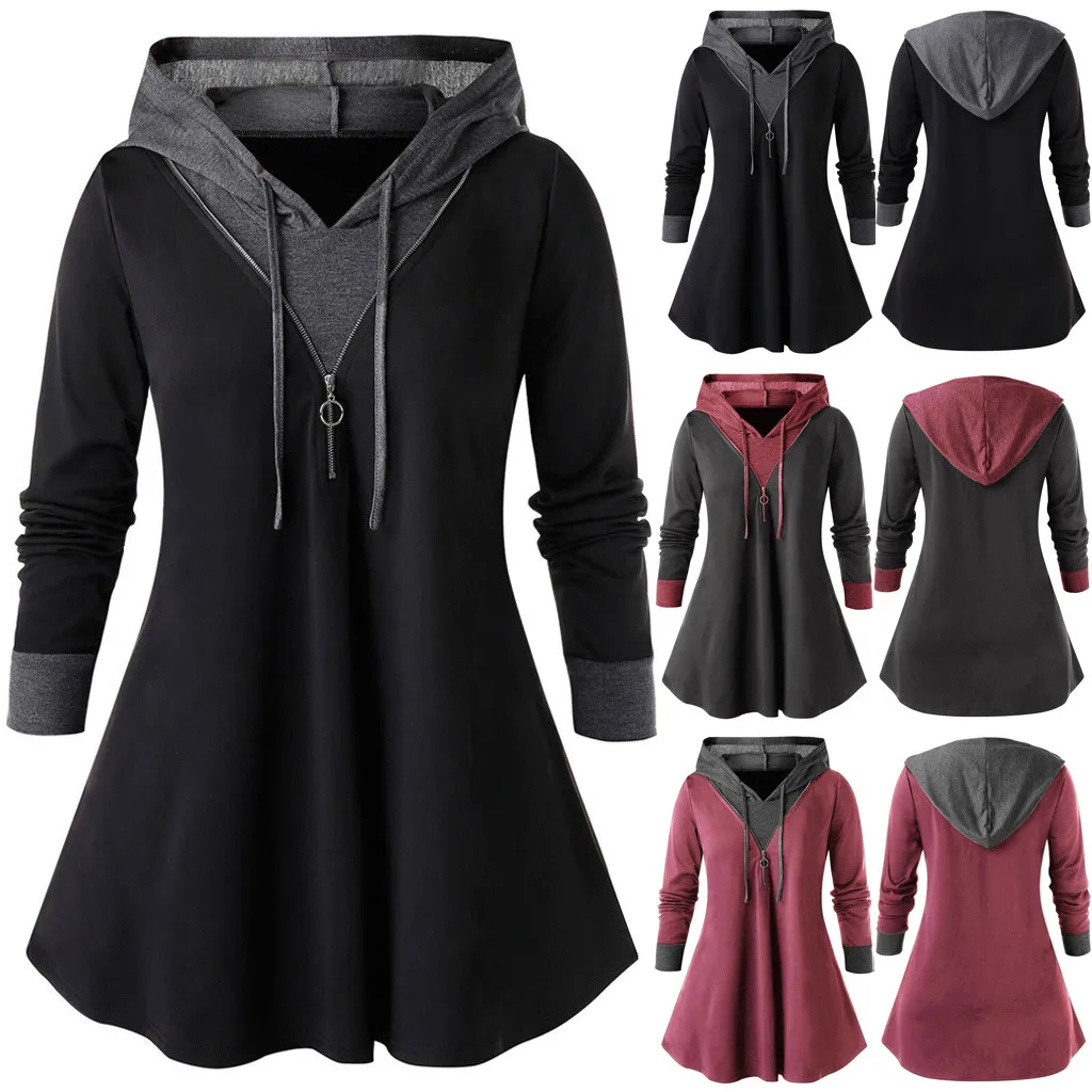 Plus Size Autumn Hoodies Blouse Women Long Sleeve Shirt Casual Color Patch Zipper Tunic Tops Hooded Blusas Chemise Femme