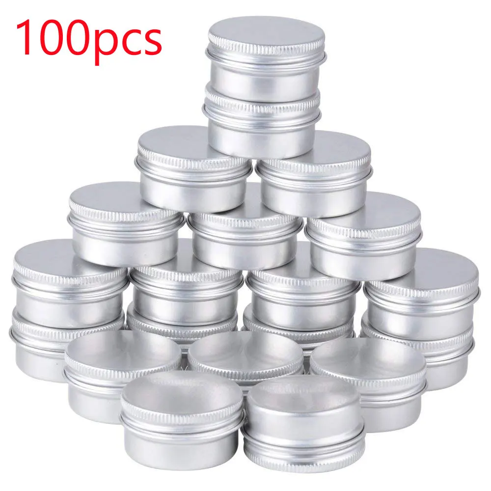 

100pcs x 5g 10g 15g Aluminum Round Lip Balm Tin Containers with Screw Thread Lid - Great for Spices, Candies, Tea or Gift Giving