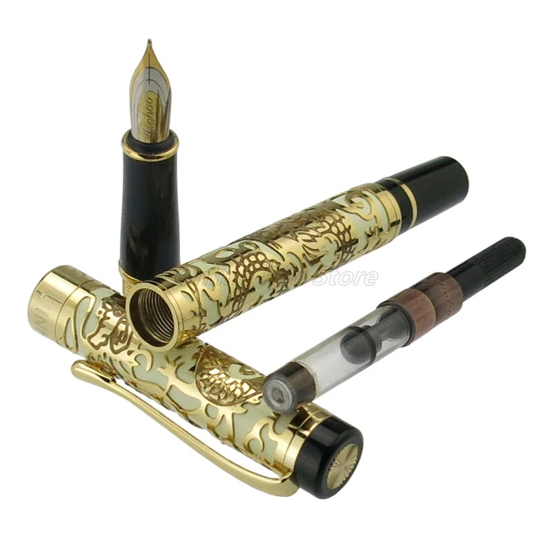 Jinhao-5000 메탈 드래곤 텍스처 조각 화이트 배럴 고급 펜촉 만년필, 사무실 학교 필기구 선물 펜 액세서리