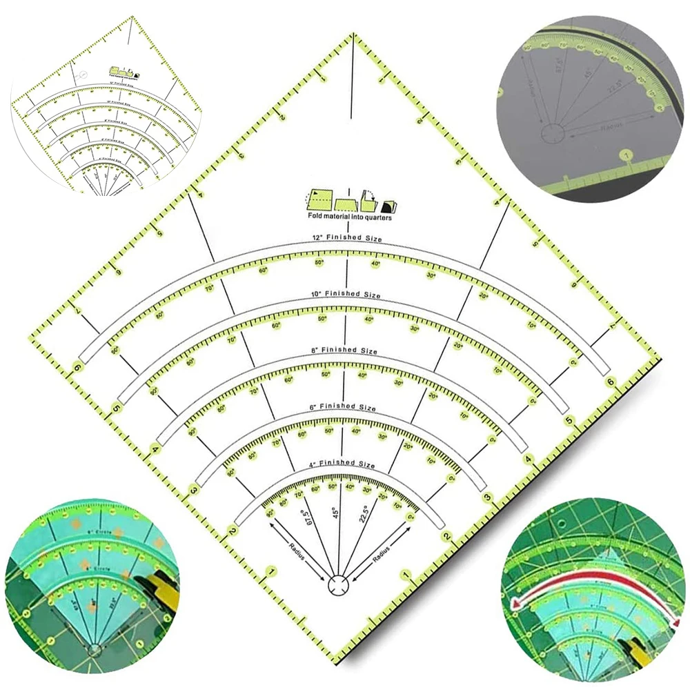 Description Picture 3 of item8" x 8" Multifunctional Cutting Patchwork Ruler Arcs & Fans Quilt Circle Cutter Ruler Sewing Craft Tools Fabric Quilting Ruler