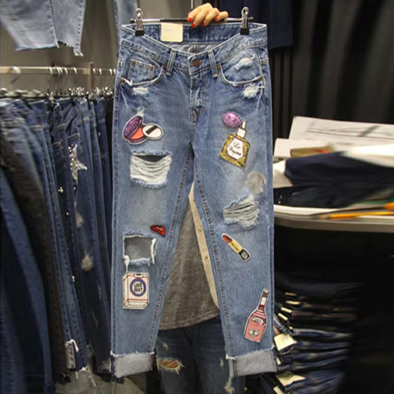Trousers Jeans Denim Pants Sequin-Hole Streetwear Fashion Womens Girls Korean-Style