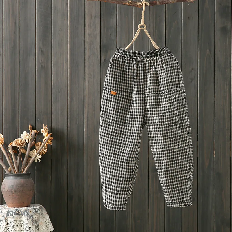 

Cotton Linen Plaid WOMEN'S Pants Elastic Waist Capri Pants Women's 2019 Summer New Style Ethnic Literature And Art Flax Harem Pa