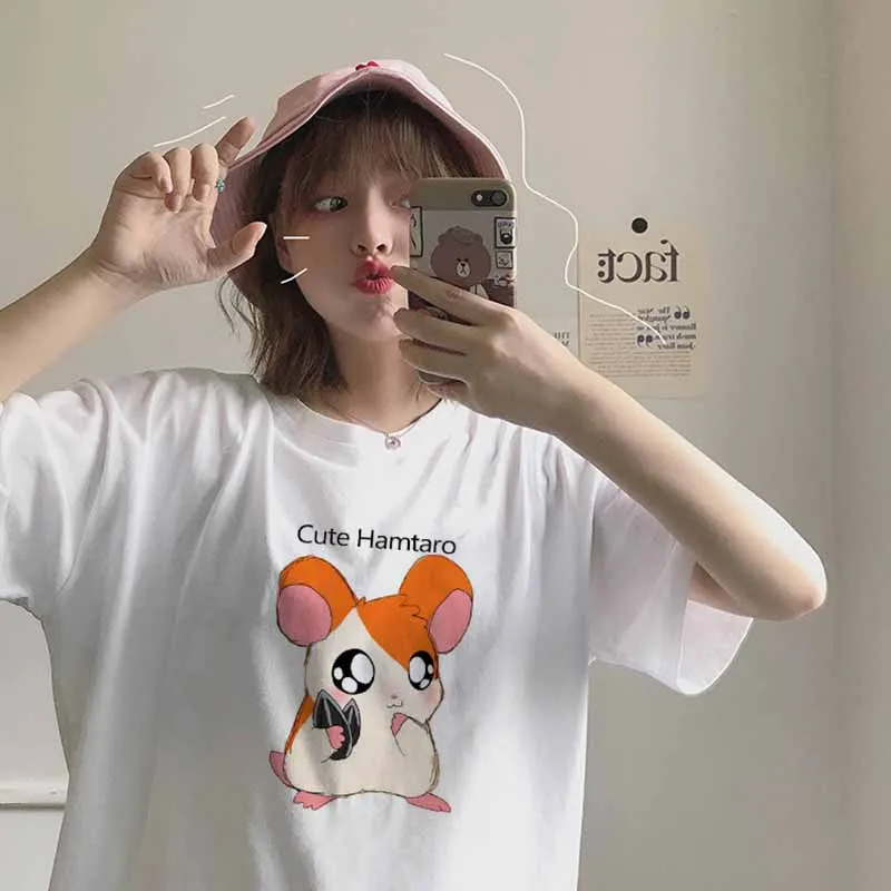 Ins style Hamtaro/Новое поступление; Повседневная футболка белого цвета с принтом героев мультфильмов для девочек