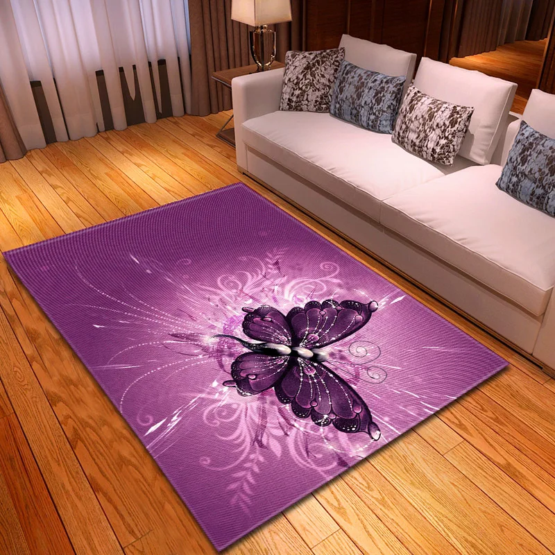 Home Decoration 3D Butterfly Carpet Area Rugs Flannel Anti-slip Girls Bedroom Children Play Floor Rug Purple Living Room Carpet