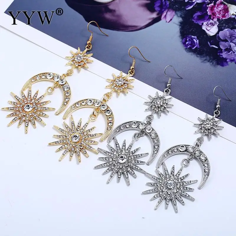 

Baroque Vintage Women Dangle Earrings Rhinestone Moon Sun Long Drop Exquisite Party Jewelry High Grade Bijoux Silver Gold Color