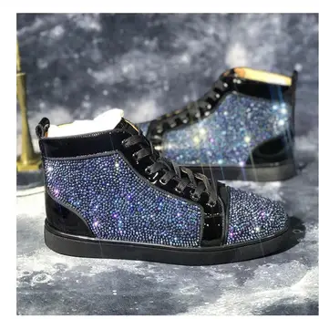 

Glitter Leather Brand Men Shoes Luxury Bling Bling Red Bottom Rhinestones Sneakers For Men Lace Up Loafers High Quality Shoes