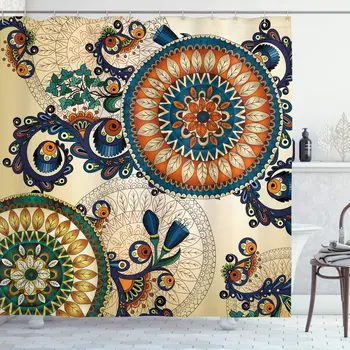 

Ethnic Shower Curtain Floral Boho Pattern with Floral and Peacock Feather Folk Image Cloth Fabric Bathroom Decor