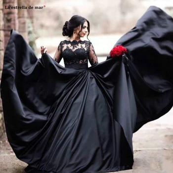 

Vestidos largos de fiesta2019 new Scoop neck lace satin long sleeves see ALine black prom dresses Floor-Length evening gown cust