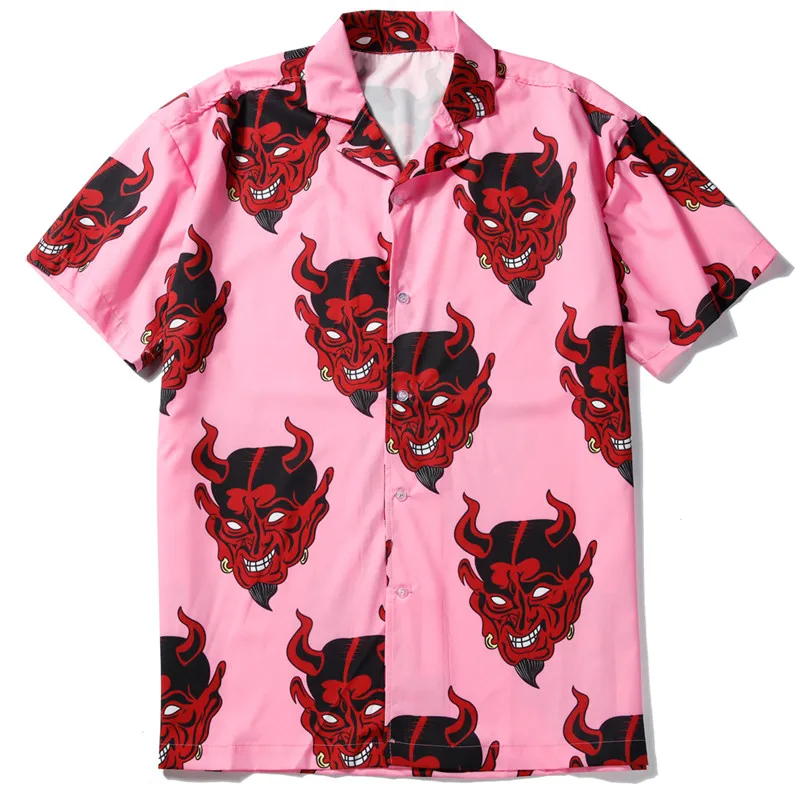 Хип-Хоп Уличная рубашка с принтом дьявола и коротким рукавом мужская Повседневная модная гавайская рубашка харуюку летние рубашки для мужчин и женщин 4XL - Цвет: Розовый