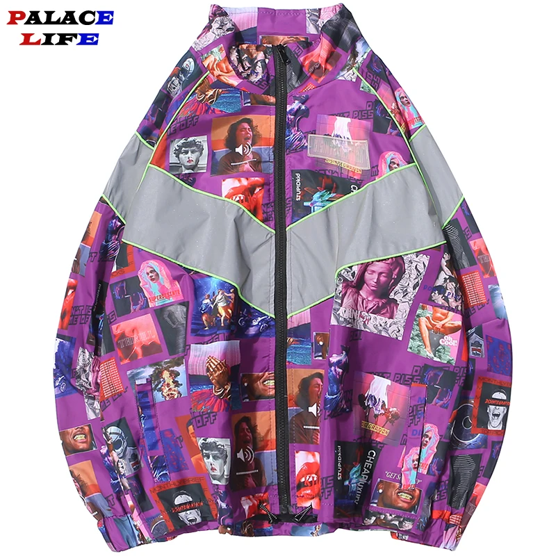 

New 2019 Hip Hop Windbreaker Jacket Men Multi Print 3M Refective Streetwear Retro Vintage Track Harajuku Hooded Jackets Men