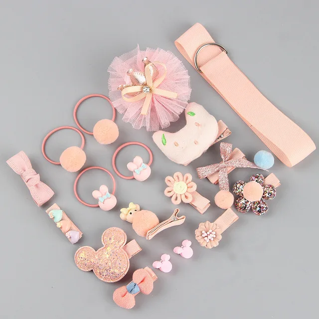 18/24 Pcs/Set Children Hair Clip Set Baby Head flower Fabric Bow Barrettes Hair clips Girl Elastic hair Headband Headdress Gift 18pcs--C
