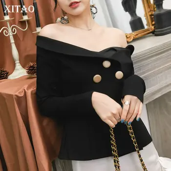 

XITAO Off Shoulder Black Blazer Fashion New Patchwork Double Breast Full Sleeve Pleated Small Fresh Minority Coat DMY2136
