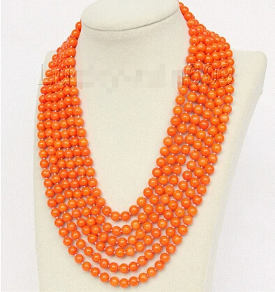 818 16"-21" 6row 7mm round orange yellow coral necklace