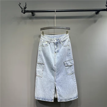 

Jeans Straight Long Skirts Woman Summer Denim Pockets High Waist Femme DM001
