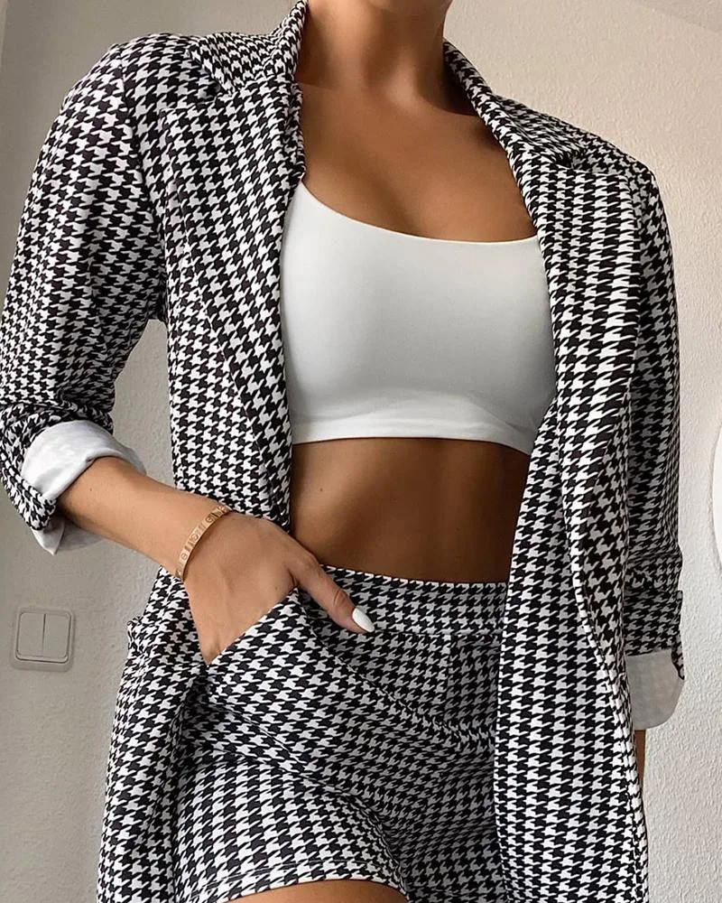 Women Grid Coats Suit Sets Workwear Houndstooth Print Elegant Blazer Tops & Pocket Shorts Set linen shorts