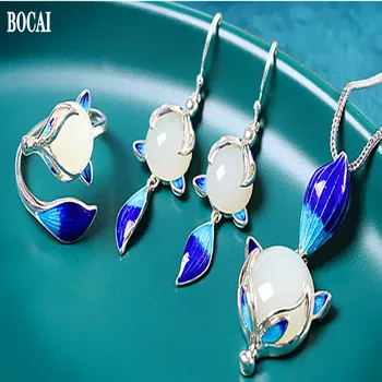 

BOCAI Fashionable Chinese style real S925 pure silver jewelry woman pendant burnt blue Hetian jade pendant fox series