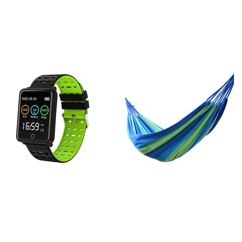 

Fashion-Outdoor Hammock Camping Swing Canvas Striped Hammock Outdoor Parachute 280X80cm & F3 Smart Bracelet 1.44Inch Color Scree
