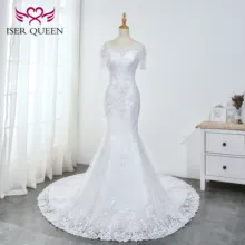 Иллюзия вышивка с короткими рукавами блестками бисером и жемчугом Кристалл Русалка Свадебные платья чистый белый Элегантный Vestido WX0035