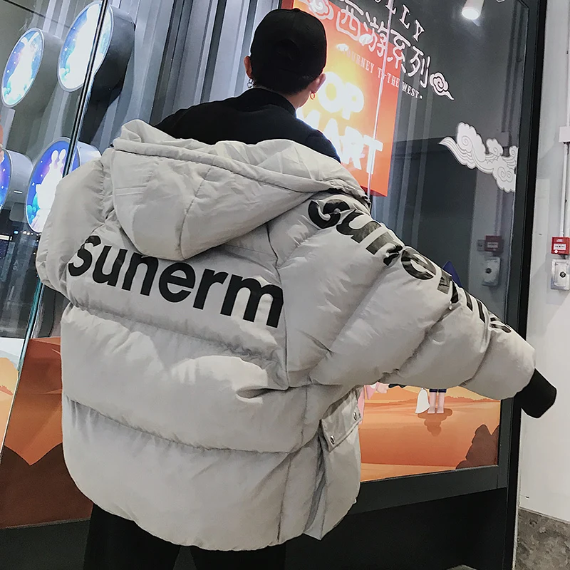 

2019 Winter New Korean Version Of The Trend Of Men's Letter Printing Large Size Loose Bread Clothing Casual Cotton Coat