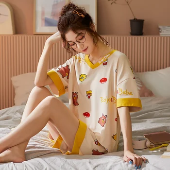 

BZEL New Sleepwear Sets For Women Two Piece Set Pyjamas Yellow Lovely Pijama Ladies Cartoon Home Wear Short Cotton Nightwear XXL
