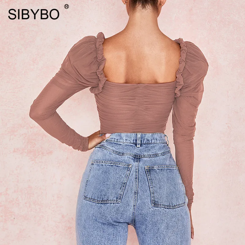 Best SIBYBO Mesh Transparent Skinny Sexy Bodysuit Women Long Sleeve Square Collar Women Rompers Backless Nightclub Bodysuit Jumpsuit