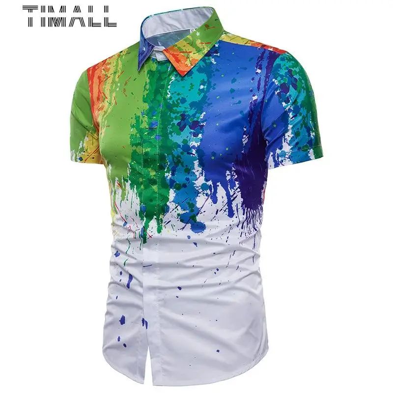 

TIMALLSummer New Slim Short Sleeve 3D Print Shirt Men Stylish Splash Ink Dress Shirt Men Casual Shirts Camisa Social Masculina