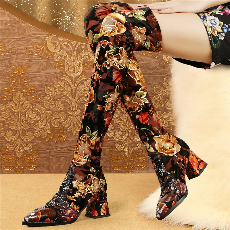 Buonoscarpe/Новые сапоги с вышивкой; женские осенние модные сапоги; женская обувь на высоком каблуке в стиле ретро; осенние женские высокие сапоги с цветочным узором