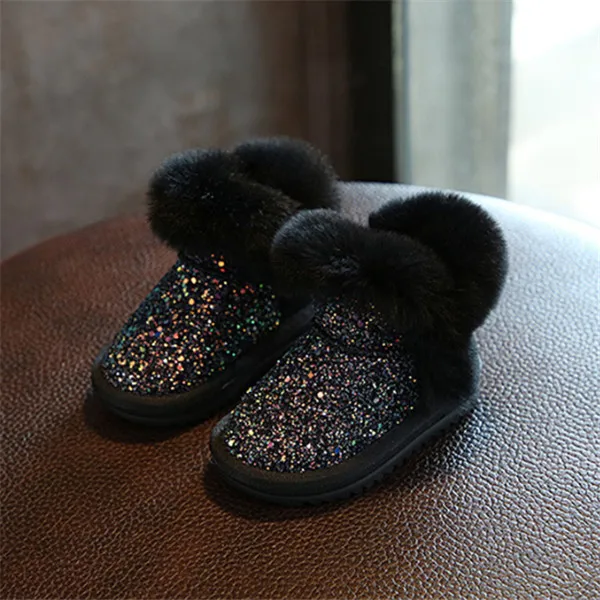 Г. Новые зимние ботинки для девочек плюшевые детские зимние ботинки для малышей теплые детские ботинки с кроличьим мехом на мягкой подошве европейские 21-30 - Цвет: black