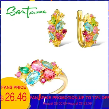 

SANTUZZA Silver Jewelry Sets For Women Multi-Color Stones White CZ Earrings Ring Set 925 Sterling Silver Party Fashion Jewelry
