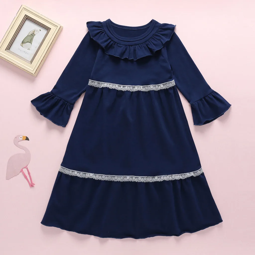 

Baby Kids Girls Long Sleeve Dress Soild Stripe Ruffle Princess Dress One-Piece Cotton Autumn Vestido