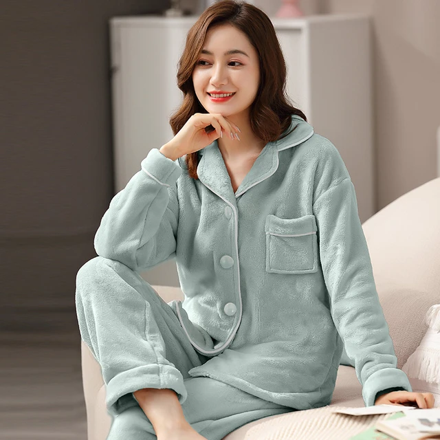 Winter Coral Fleece Pajamas Women Dormir Lounge Sleepwear for