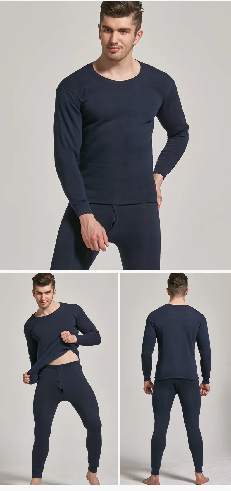 Men's Thermal Underwear Set Winter Long-Sleeved Tousers Two-Piece Solid Color Plus Velvet Thickening Slim Thermal Underwear Set merino wool long johns