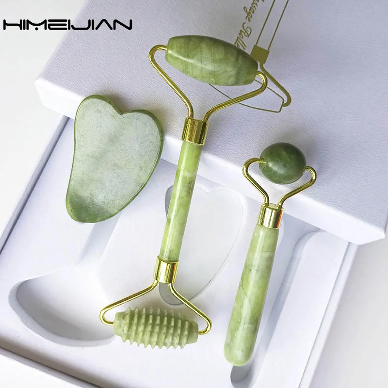 3pcs Massage Set with Gift Box Gua Sha Jade Roller Facial Natural Stone Face Massager Health Beauty SkinCare Tool |