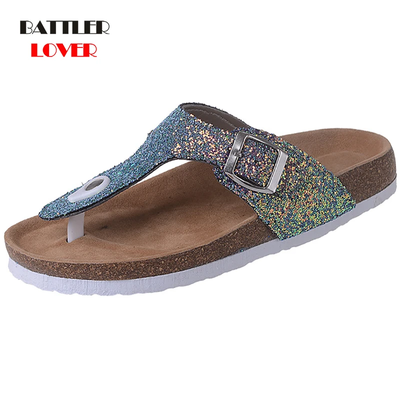 Chanclas de verano para zapatillas de playa con lentejuelas brillantes, suelas gruesas, zapatos de corcho suave para parejas, para el hogar - AliExpress