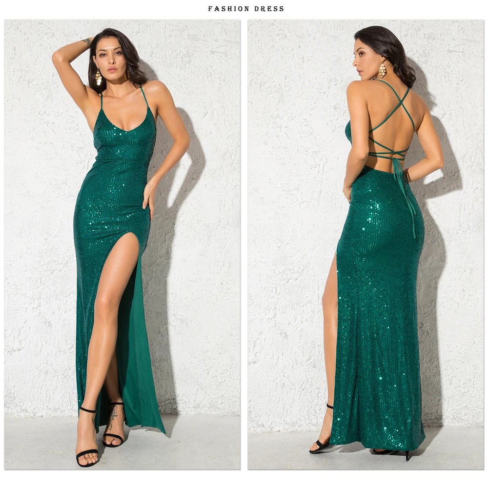 long gown Sexy V Neck Lace Up Sequined Cocktail Party Dress Backless Split Leg Sleeveless Summer Long Dresses Evening Wedding Gown party gown for women