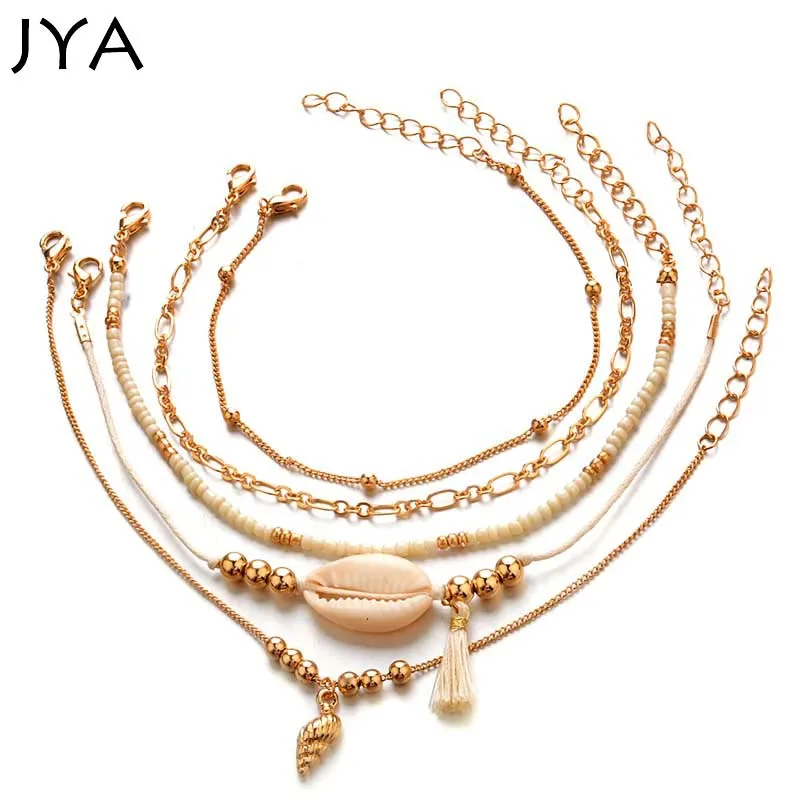 Fashion Multilayer Bracelet Shell Golden Bead Conch Measly Beaded Shape Plated Zinc Alloy Weave Bracelets Bangles Set | Украшения и
