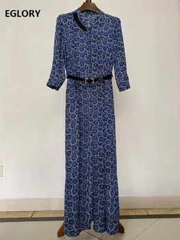 

Blue Long Dress 2020 Spring Summer Party Evening Women Sunflower Print Belt Patchwork 3/4 Sleeve Long Shirt Style Dress Vestido