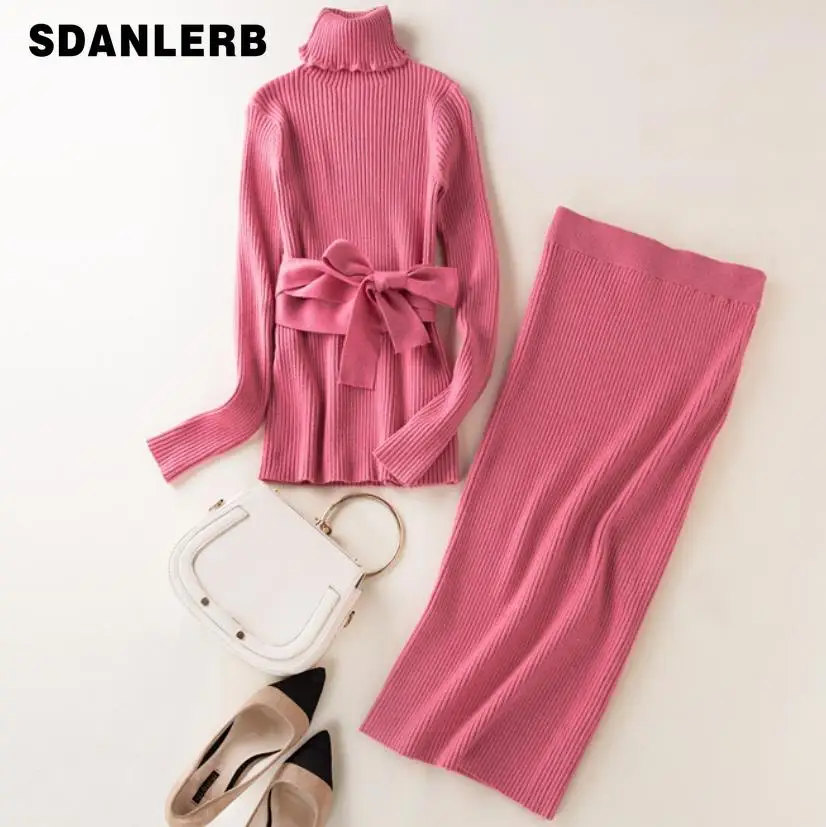 

Two Piece Sets Women Autumn Winter New Fashion Turtleneck Wool Knitted Sweater+package Hip Skirt