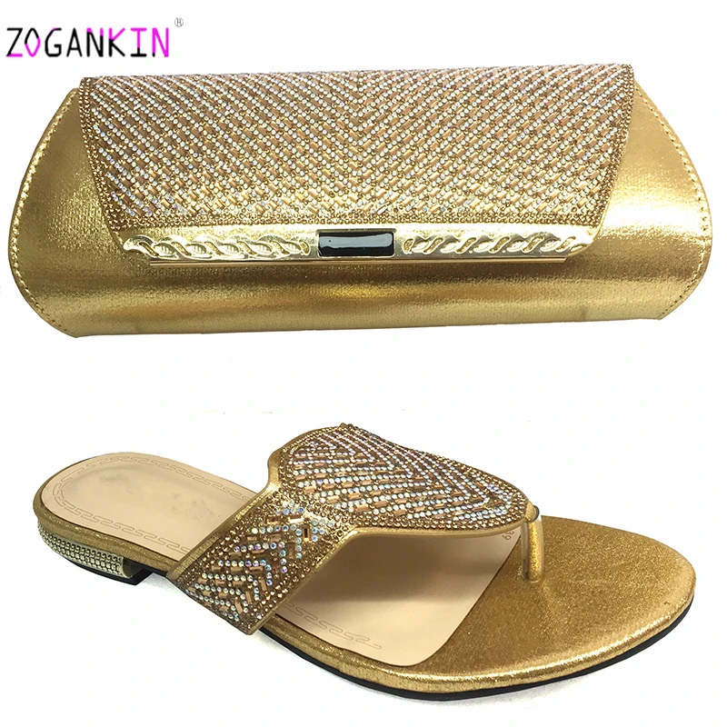 

High Quality Decorate with Rhinestone Nigerian Women Shoes and Bag to Match Hot Selling Italian Ladies Slipper For Wedding Party